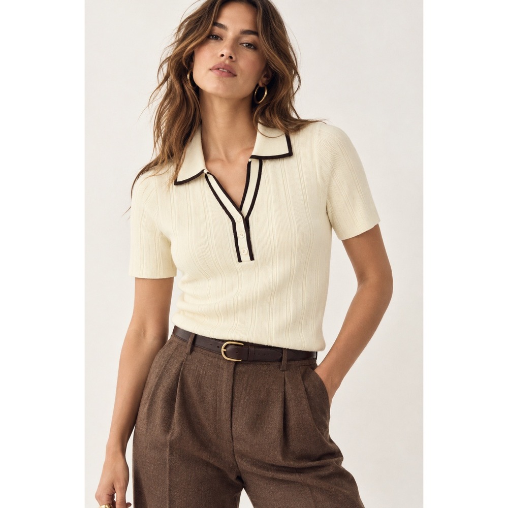 41 Hawthorn Jami Tipped Johnny Collar Short Sleeve Sweater Off-White XS NEW